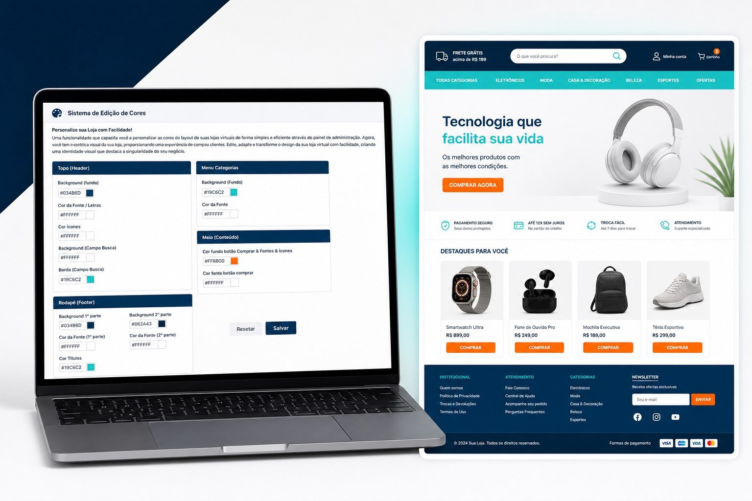 Tela de personalização de cores da Super Loja Virtual, com ajustes de cabeçalho, menus, botões e rodapé.