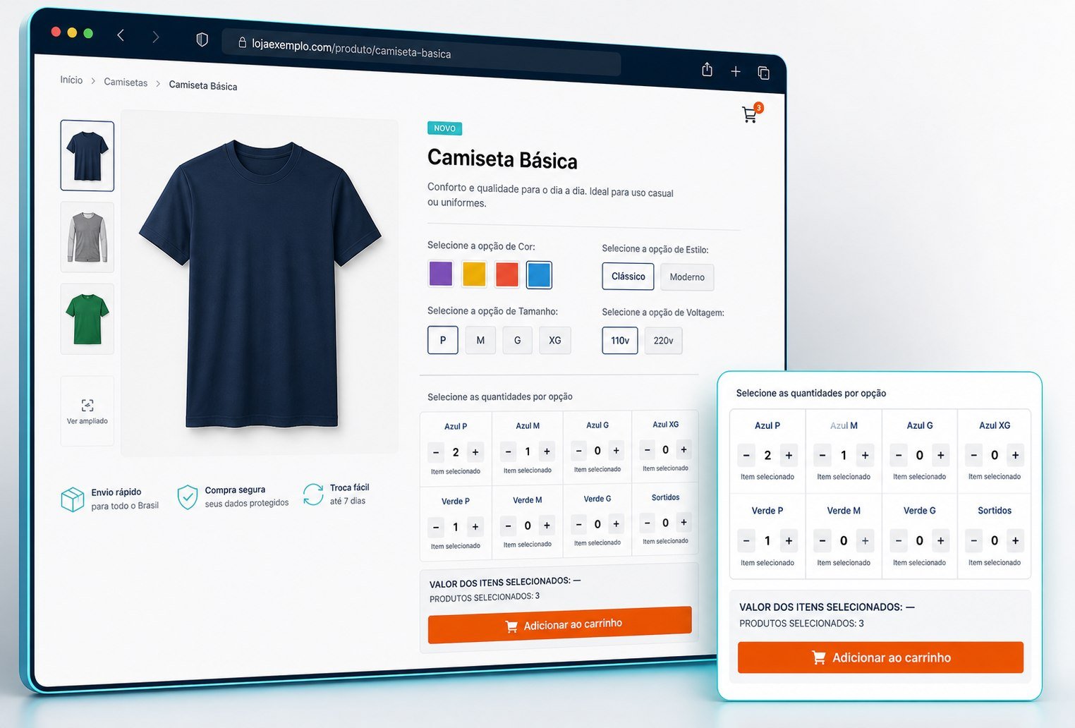 Cadastro de variações de produtos da Super Loja Virtual, com opções de cor, tamanho, imagem e seleção em grade.